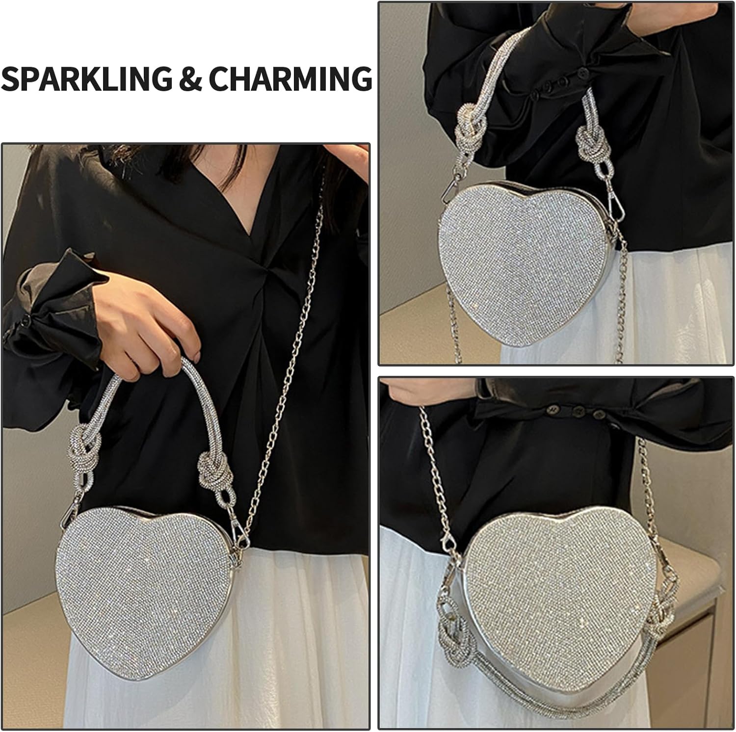 Silver Crossbody Purse, Heart Purse Evening Clutch Small Shoulder Purse Rhinestone Purse Crossbody Bag for Women
