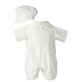 thumbnail image 1 of Baby Boys White Off-White Silk Short Sleeve Bonnet Christening Romper 0-3M, 1 of 3