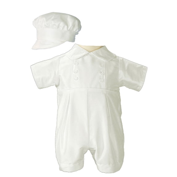 Baby Boys White Off-White Silk Short Sleeve Bonnet Christening Romper 0-3M