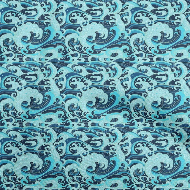 oneOone Polyester Spandex Aqua Blue Fabric Asian Japanese Wave Sewing Craft Projects Fabric Prints By Yard 56 Inch Wide