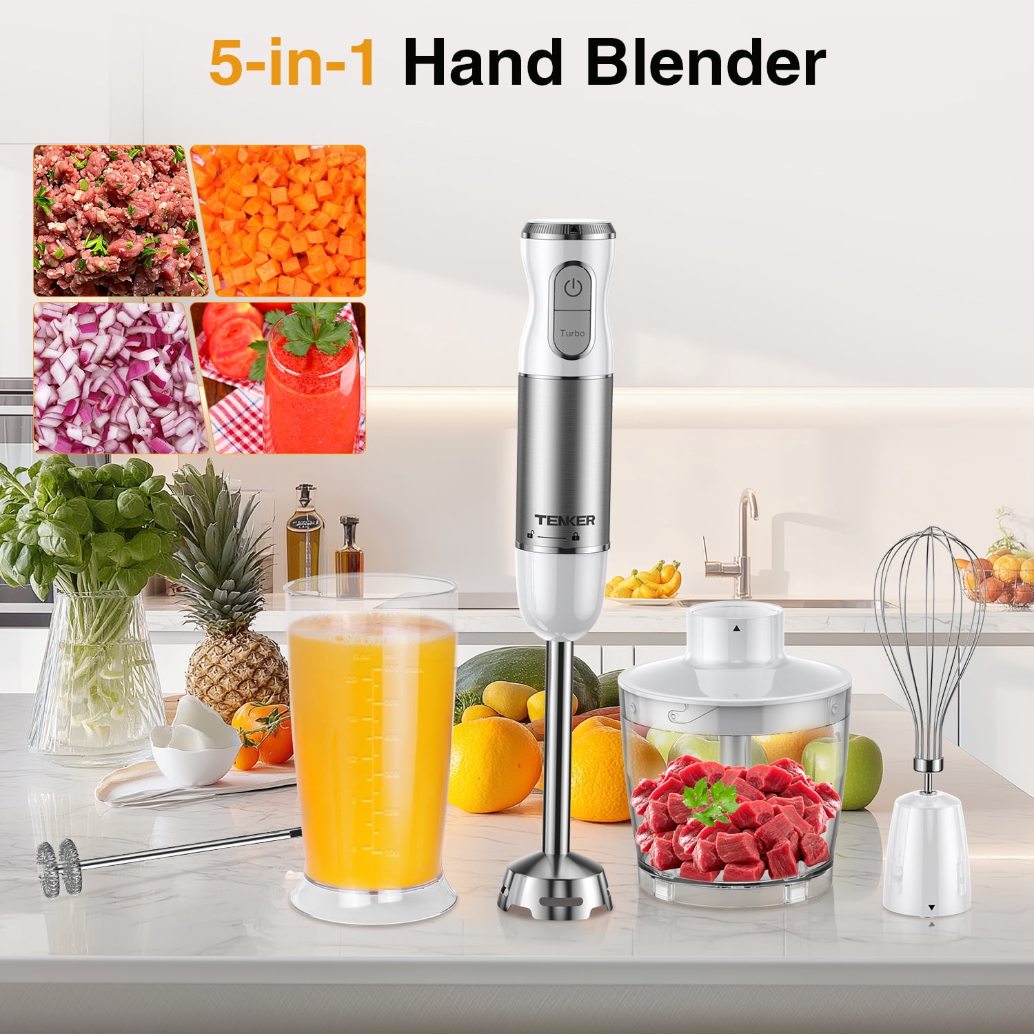 450W Immersion Blender 5 in 1 Electric Hand Blender,30 Speed Mode with Mixing Beaker,Chopper,Whisk and Milk Frother For Baby Food
