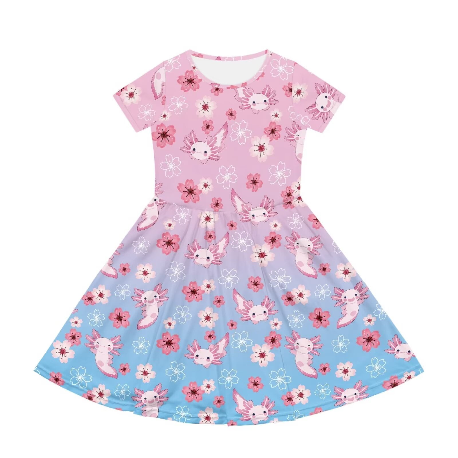 Uourmeti Axolotl Kids Twirly Swing Dress for Girls Cute Short Sleeve Skater Dresses Summer Soft Crew Neck Knee Length A-Line Dress with Pockets for Casual School