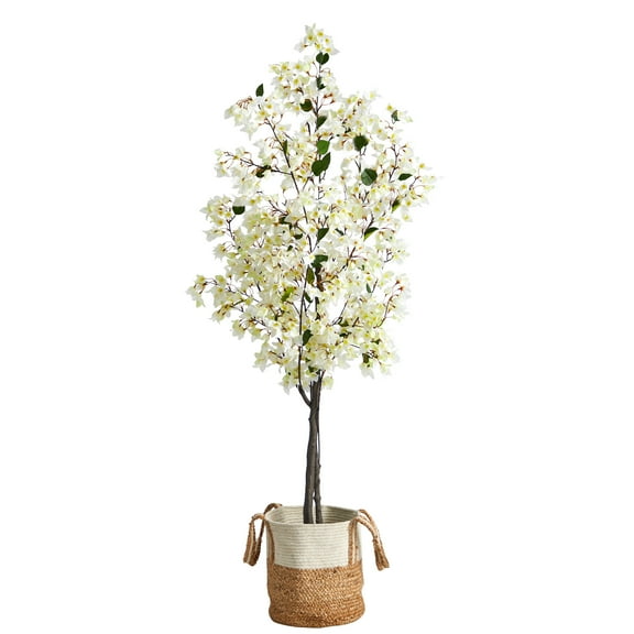 Nearly Natural 6ft. Artificial Bougainvillea Tree with Handmade Jute & Cotton Basket, White