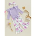 thumbnail image 3 of Suealasg Baby Girl Outfit Newborn Girl 3Pcs Spring Fall Clothes 3 6 9 12 18 Months Infant Long Sleeve Ribbed Romper Flower Print Flare Pants Headband Set, 3 of 7