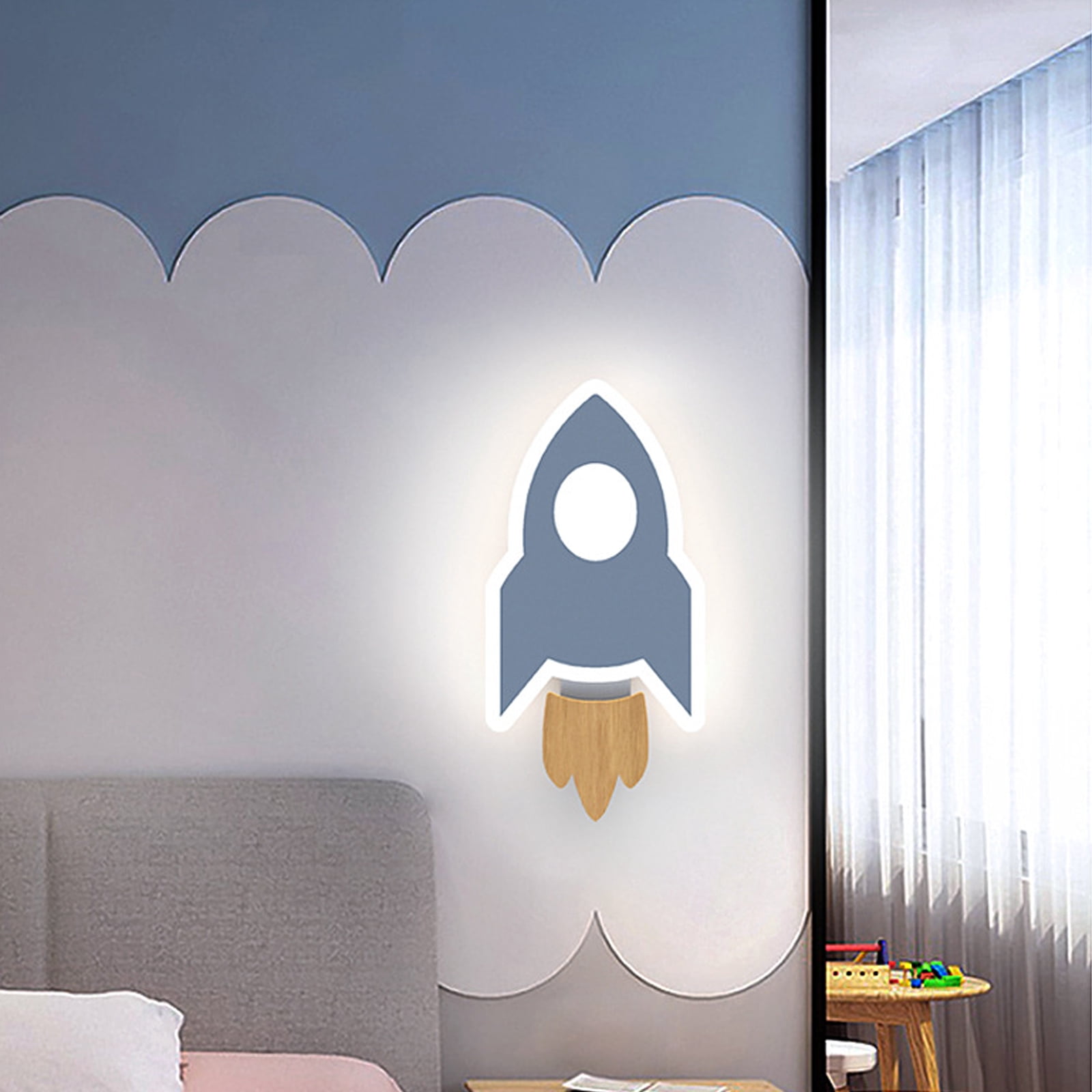 Rocket LED Wall Sconce, Blue with Natural Wood Accent, 3-Color Dimmable, Iron + Acrylic + Wood, Ideal for Children's Room Bedroom