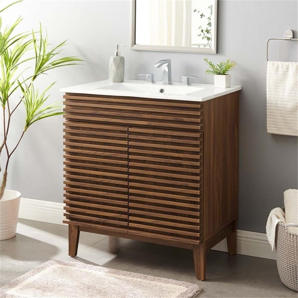 Modway Render 30" Modern Wood Bathroom Vanity Cabinet in Walnut/White
