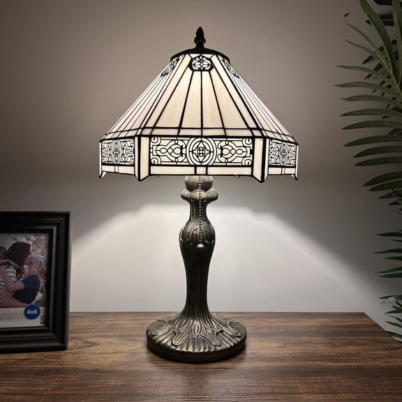 Tiffany Style Table Lamp White Stained Glass Hexagon LED Bulb Included For Living Room Bedroom Bedside 19"H*12"W