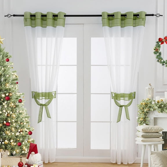 Sage Green and White Sheer Curtains 72 Inches Long 2 Panels Set Window Curtain for Living Room Bedroom, Lightweight Transparent Sheers Drapes Voile Grommet Window Treatment with Tiebacks