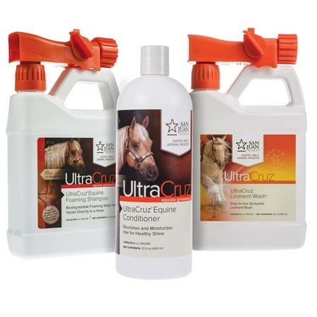UltraCruz Equine Foaming Horse Shampoo with Travel Applicator, Conditioner and Liniment Wash Bundle, 32 oz Each