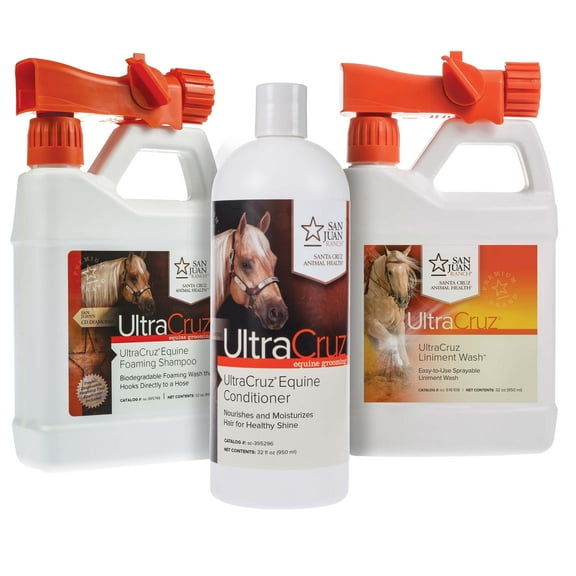 UltraCruz Equine Foaming Horse Shampoo with Travel Applicator, Conditioner and Liniment Wash Bundle, 32 oz Each