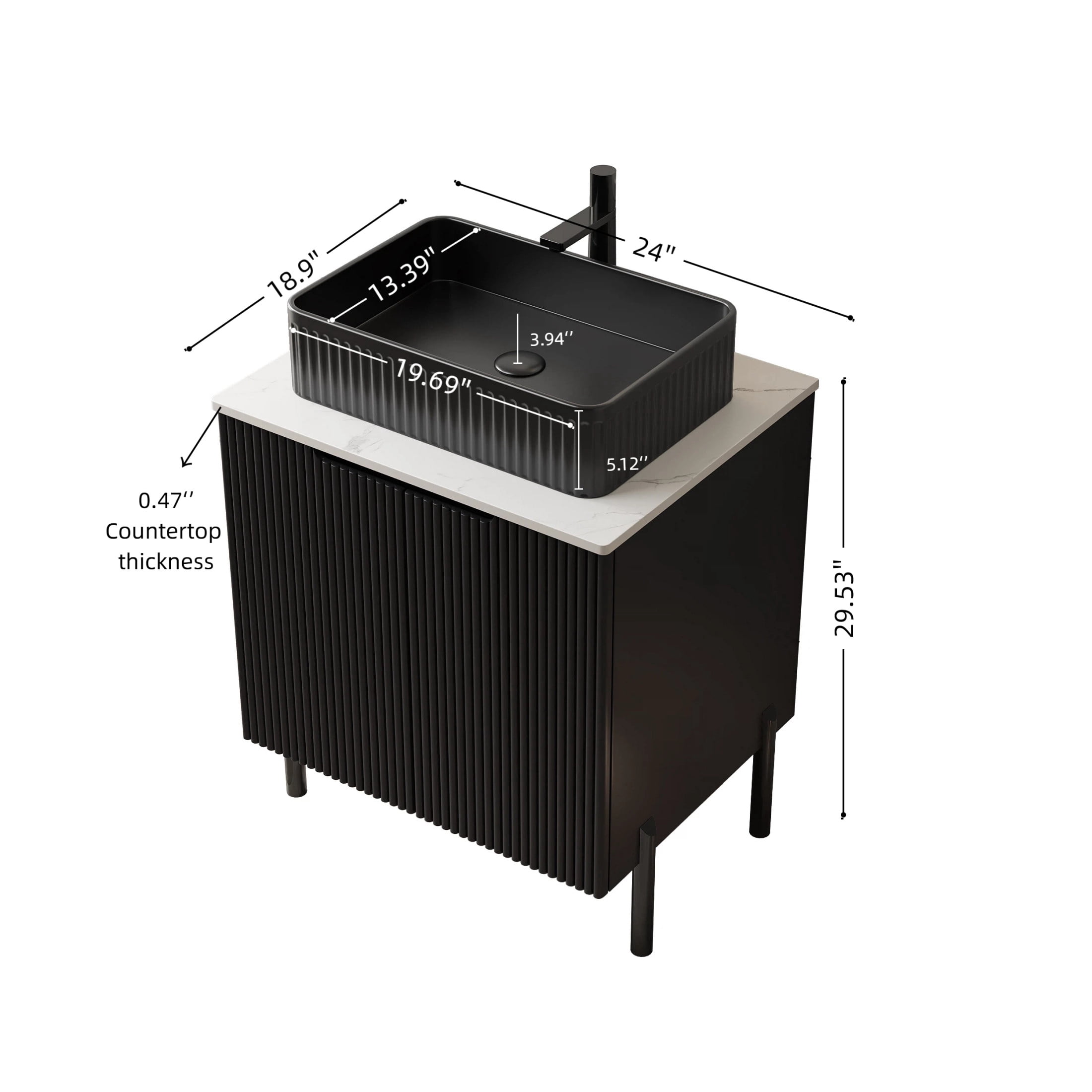 Noble House TURIO 24" Bathroom Vanity with Sintered Stone Countertop, Storage Cabinet, Black Rectangle Basin, Black
