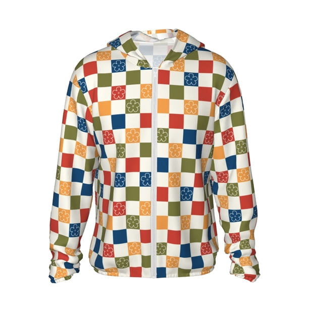 Fotbe Floral Checkerboard Chaqueta con Protección Solar UPF 50+ para Hombre y Mujer, Camisa con Capucha y Bolsillos-Large