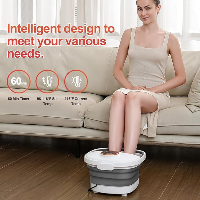 Gehona Black Foldable Heated Foot Spa, Foot Massager with Temperature Control, Bubble Function, Red Light, and Timer.
