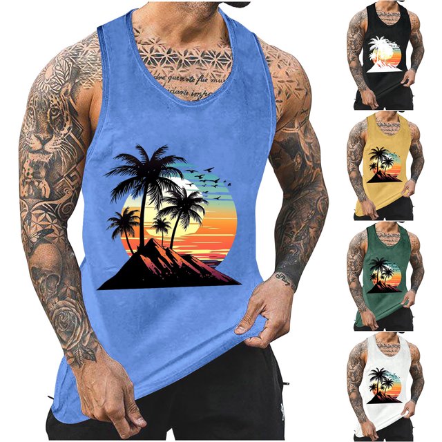 Sentmoon Mens Tank Top Summer Sleeveless Crew Neck Mens Compression Shirt Hawaiian Print Relaxed Fit Plus Size Running Mens Workout Clothes Vacation for Casual Streetwear S
