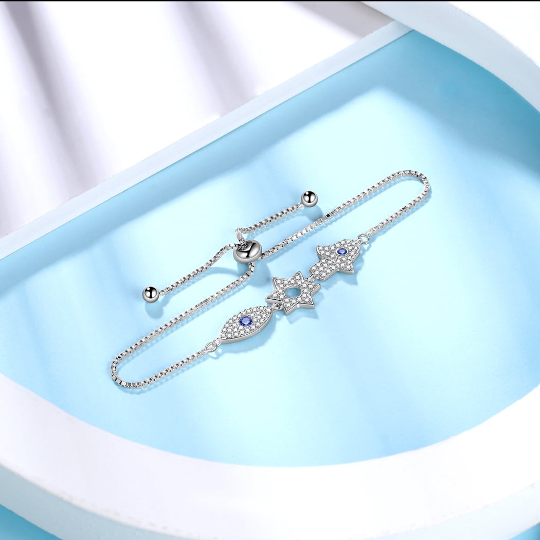 Blue Evil Eye Bracelets 925 Sterling Silver Hamsa Fatima Hand Charm Stars of David Bracelet Protection Amulet Jewelry Gift for Women