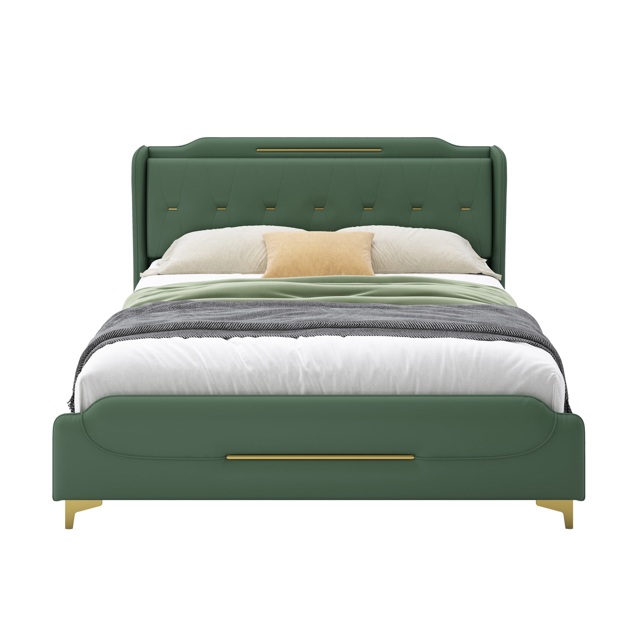 Salas Queen Size Green Modern Upholstered PU Leather Platform Bedframe with Gold Metal Accents and Wingback Headboard