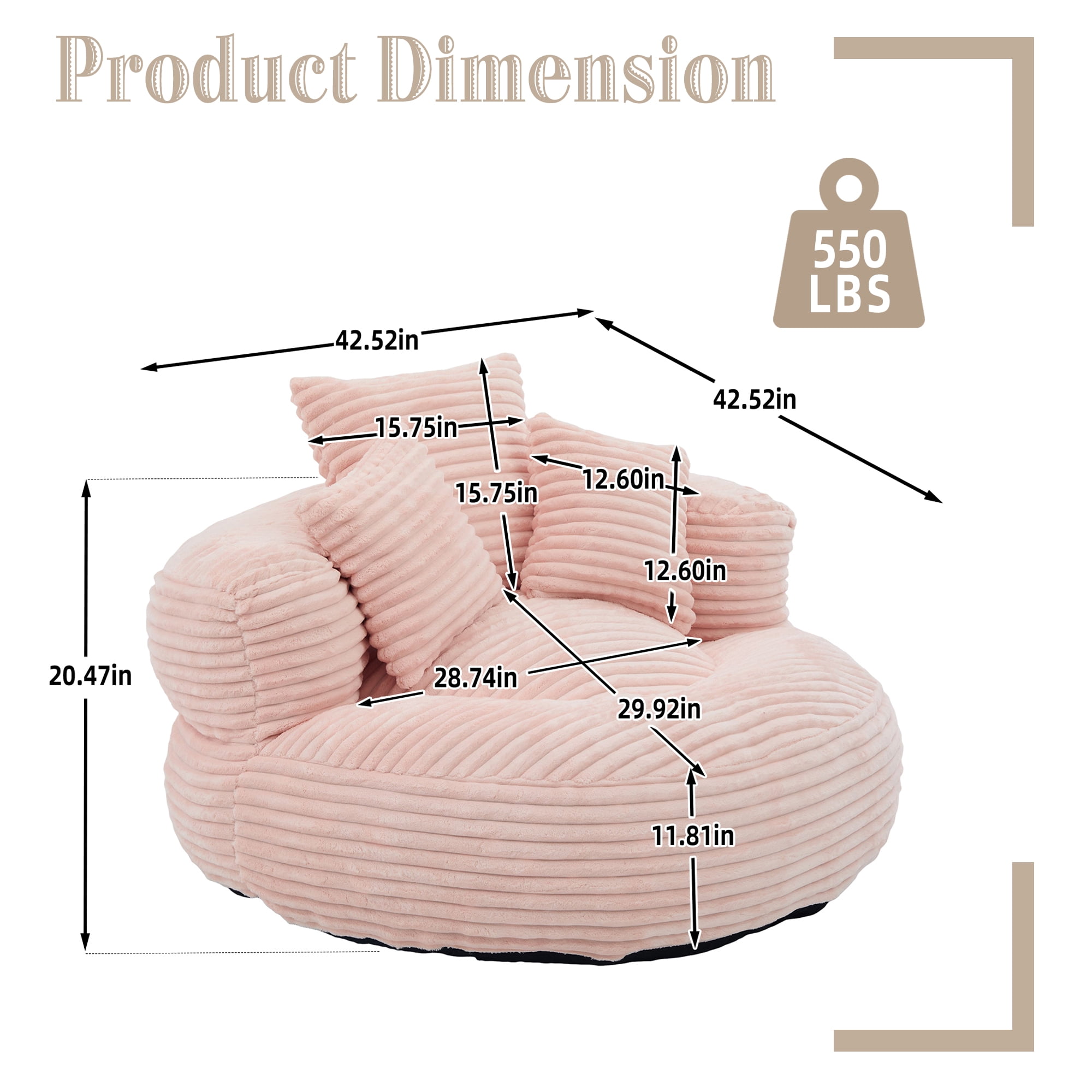 Aukfa 42.5"W Oversized Round Chaise Lounge Chair Indoor, Corduroy Floor Sofa with 3 Pillows, 550 lbs, Pink