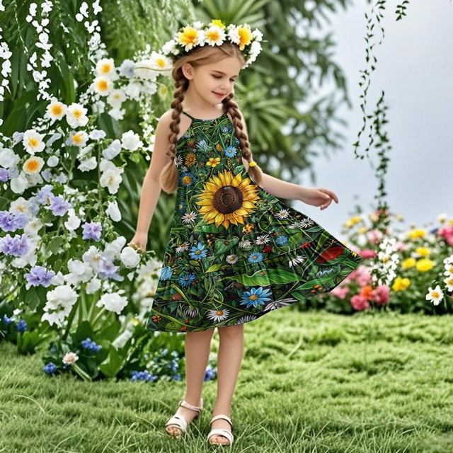 LOVZFMLL Robe d'Été Sans Manches à Bretelles Boho pour Fillettes, 4-14 Ans