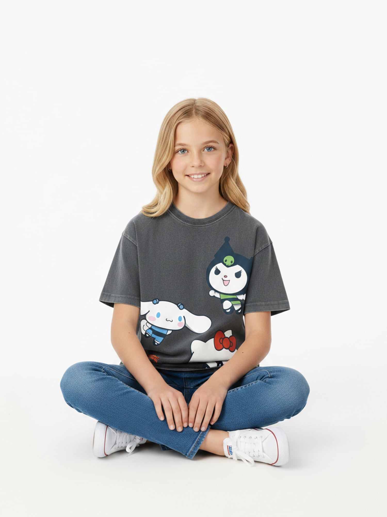 The Powerpuff Girls x Hello Kitty and Friends Girl’s Boxy Mineral Washed Graphic Crewneck Tee with Short Sleeves, Sizes 4-16