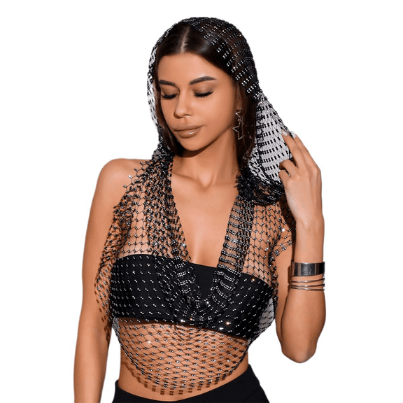 Women's Fashion Mesh Hooded Crop Top Breathable Open Knit Club Wear Street Style Summer Bikini Cover Up
