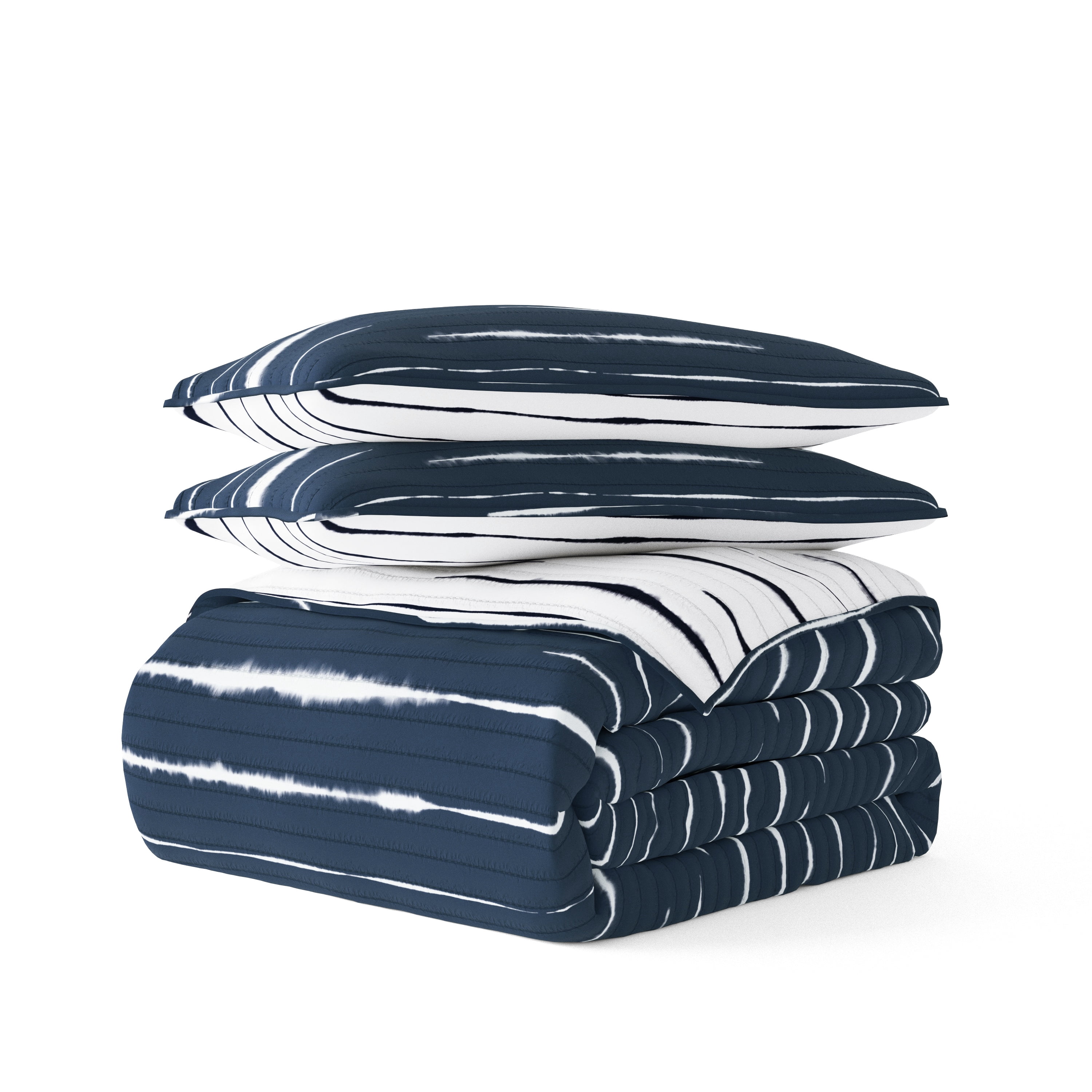 Noble Linens Navy 3 Piece Horizon Lines Reversible Microfiber Quilt Set, Twin / Twin XL