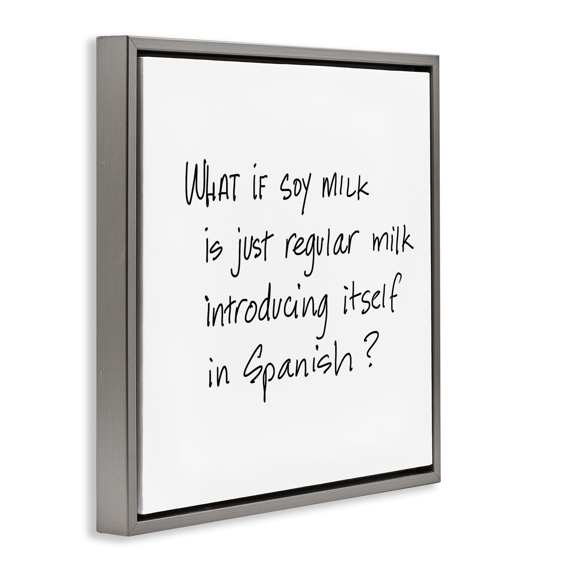 Stupell Industries Soy Milk in Spanish Food & Beverage Painting Gray Floater Framed Art Print Wall Art, 18 x 18