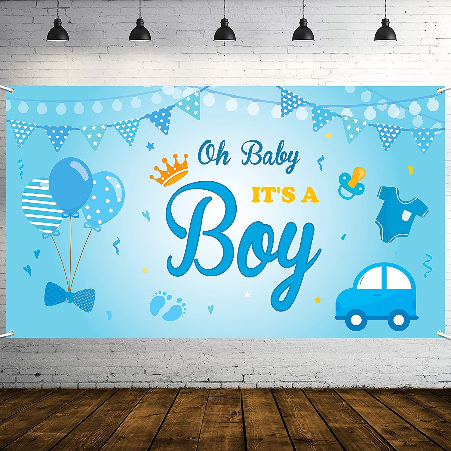 Blue baby foot garland for baby shower nursery decoration and Happy Birthday Decor No DIY required welcoming newborn