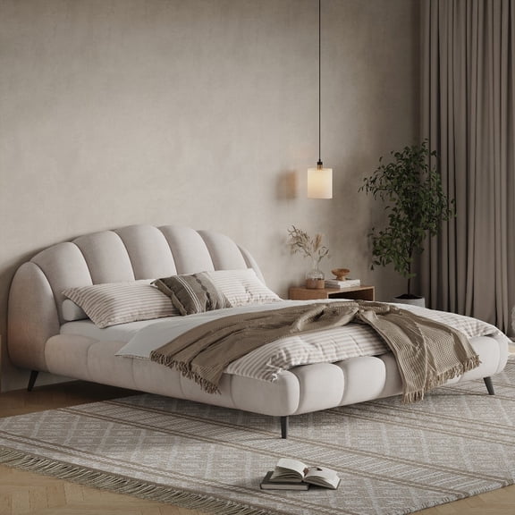 King Size Upholstered Bed with Chenille Headboard & Footboard, Beige