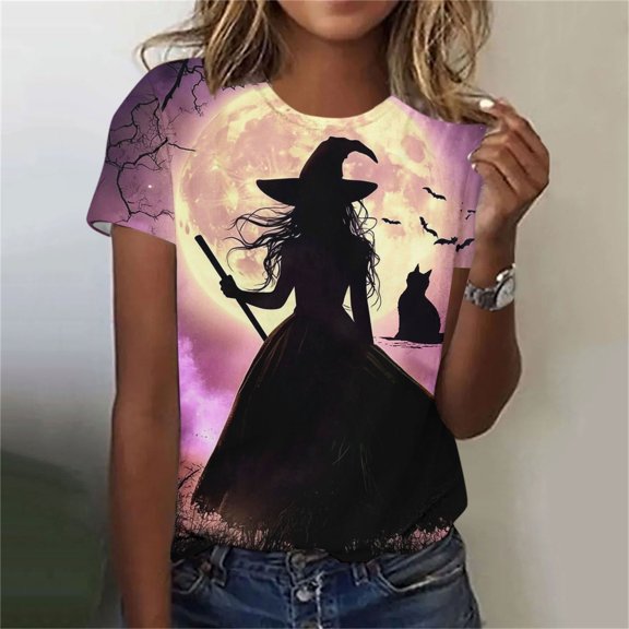 Jsaierl Halloween Shirts Women Funny Witch Graphic Tees Stretch Going Out Round Neck T-Shirts Short Sleeve Dressy Casual Blouse Tops Halloween Costumes,Sizes S-5XL