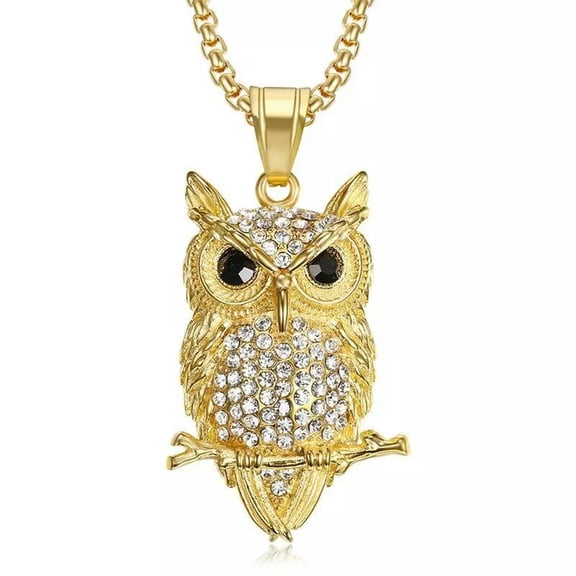 HOOUN 14k gold plated Rhinestone Owl Pendant Necklace jewelry for men or women