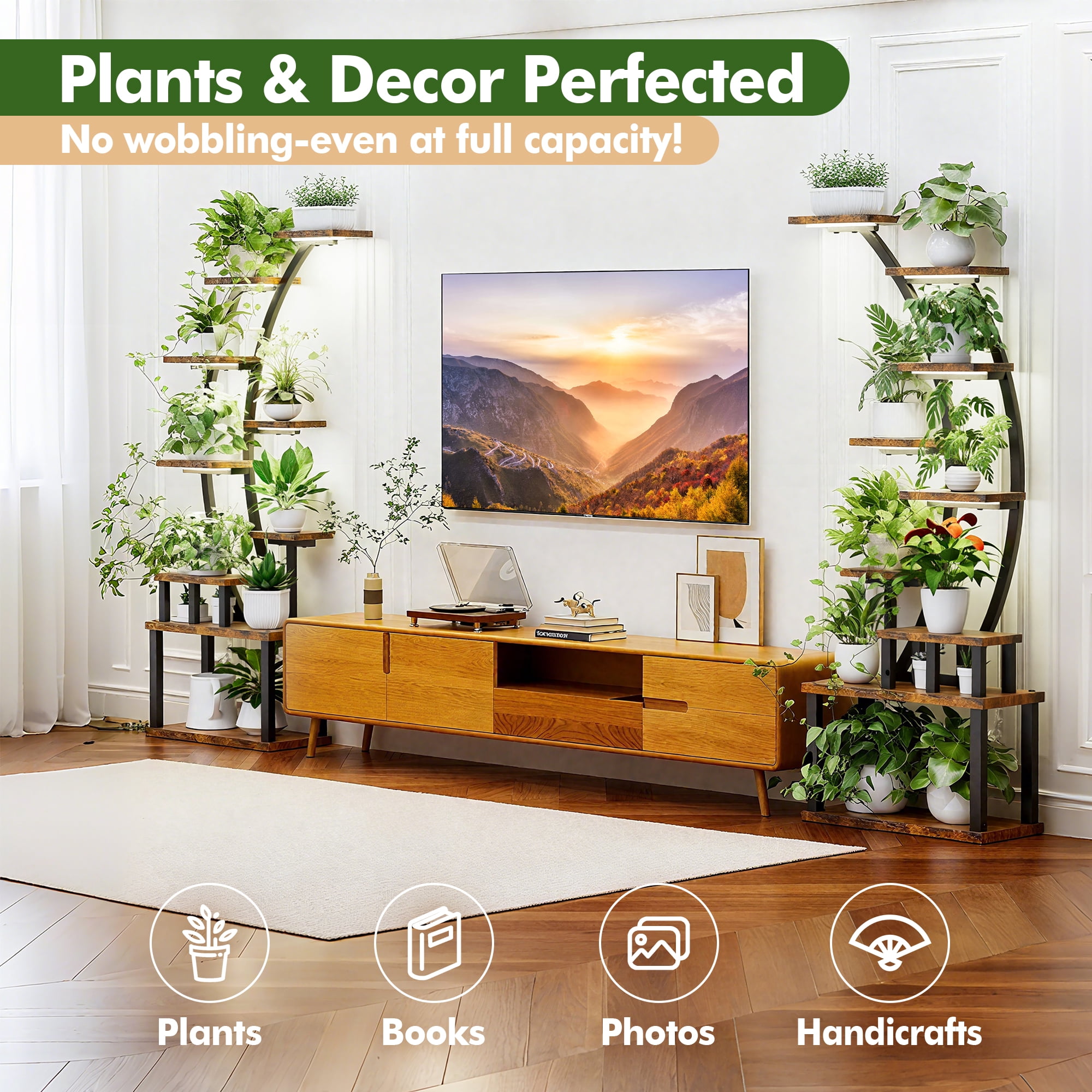 Aukfa 9-Tier Plant Stand with Full Spectrum Grow Lights & Timer, 63" Heavy Duty Tall Indoor Metal Plant Shelf, 2-Pack, Rustic Brown