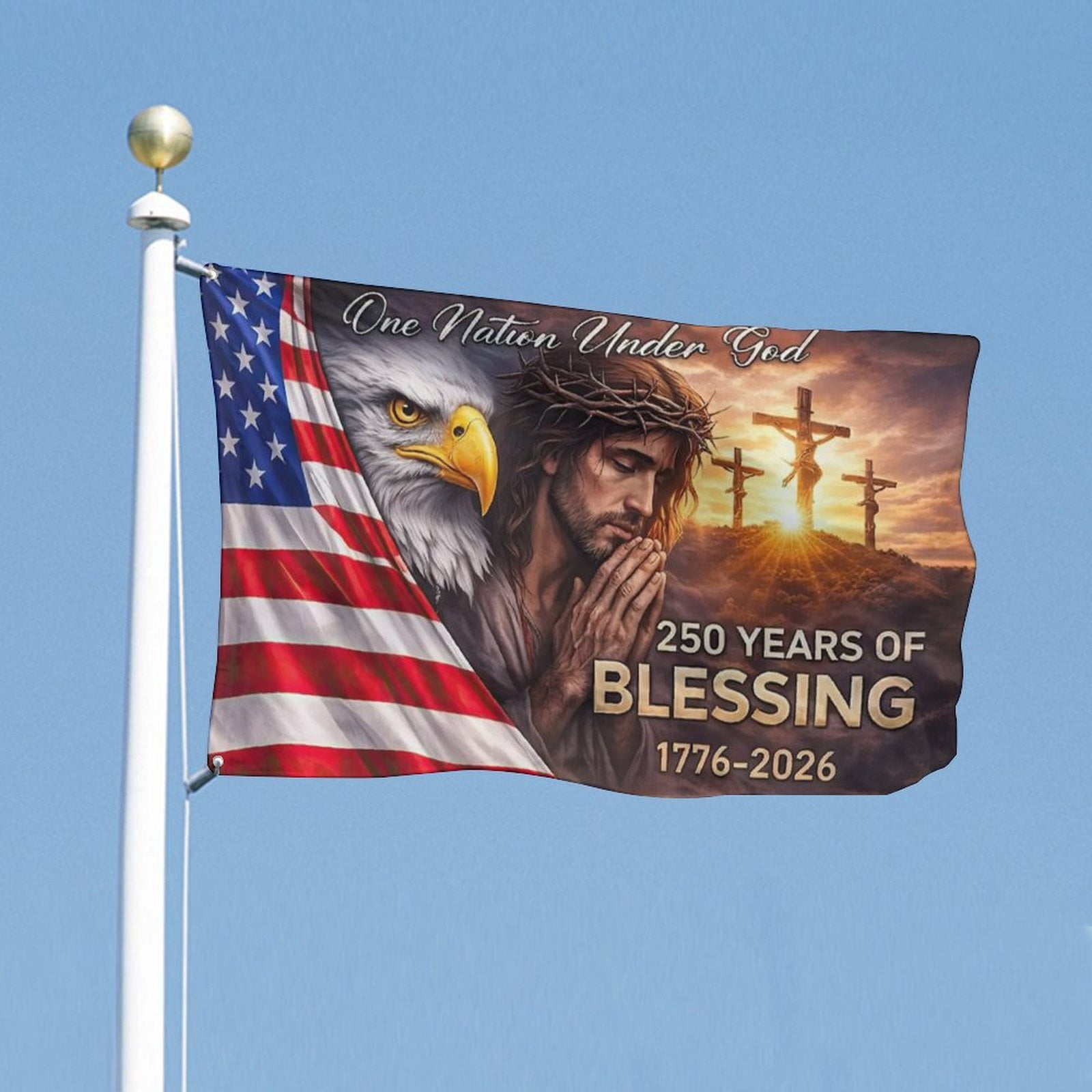 OneNation Under God United States of America 250 Years Flag 4x6 ft Double-Sided Flag 1776–2026, Christian-Cross Patriotic House Flag, 4th of July Banne