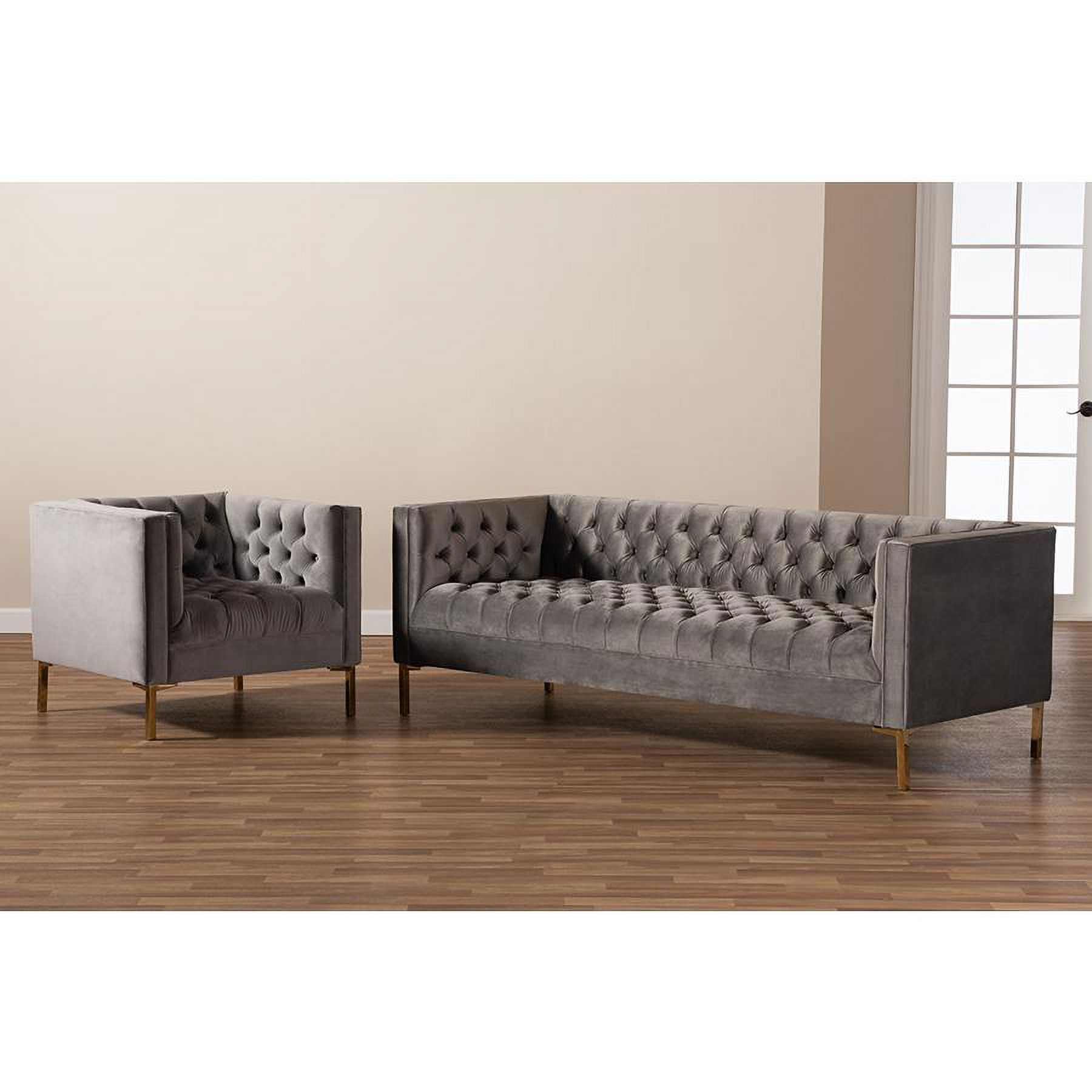 Baxton Studio Zanetta Glam and Luxe Gray Velvet Upholstered Gold Finished 2-Piece Sofa and Lounge Chair Set