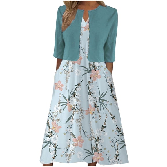 ZQUUVOU Women's Spring Dresses Set Floral Print Elegant Tank Dress and Cardigan Two Piece Set Matching Elegant Summer Outfit Light Blue