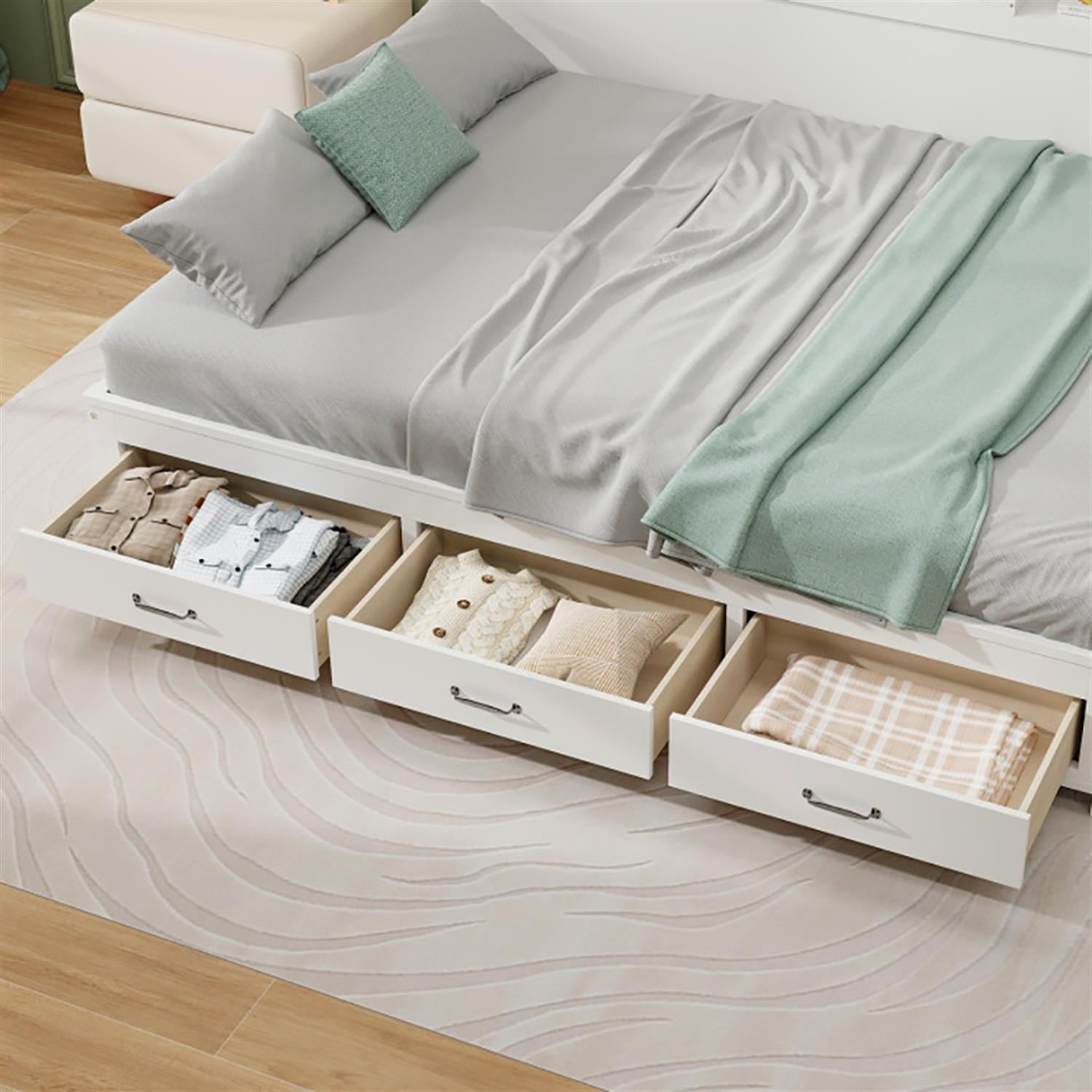 Demi Bonn Twin Size Wooden Daybed with 3 Drawers with Storage Shelves, Modern Wooden Bed Frame for Teens, White