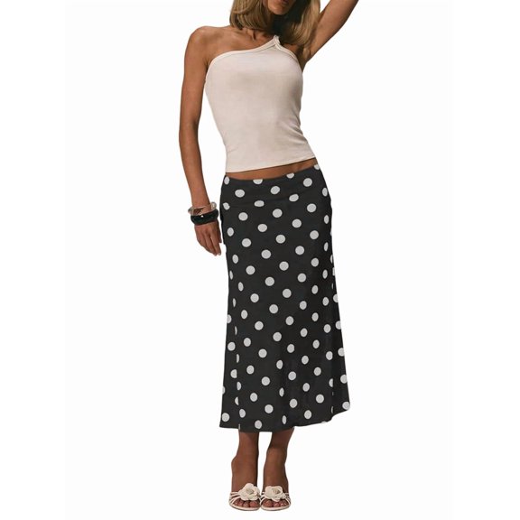 Women'S Polka Dots Midi Skirt Summer Mesh Flowy Long Skirts Black L