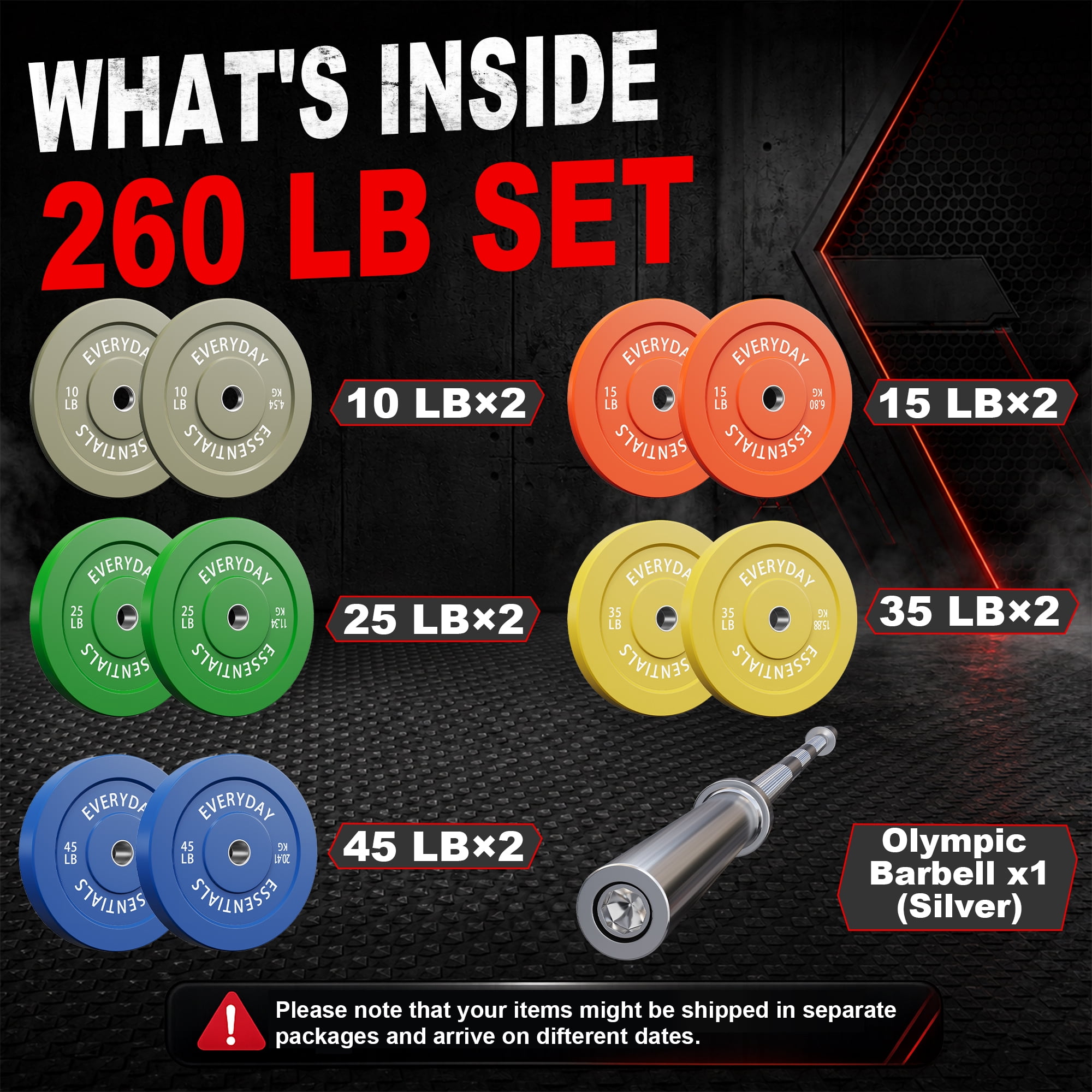 INTRTLOCKINGING TILES 260LB Olympic Weight Set with 7FT Barbell, 2-Inch Colored Rubber Bumper Plates for Home Gym, Cross Training and Weightlifting