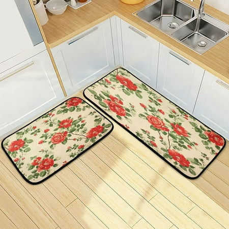 

Wobogo Red and Green Floral Pattern Kitchen Carpet Set of 2 Absorbent and Stain Resistant Non-slip Star Rubber Backing