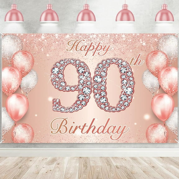 Happy 90th Birthday Rose Gold Banner Cheers to 90 Years Old Backdrop Confetti Balloons Theme Decor for Women 90 Years Old Pink Birthday Party Decorations