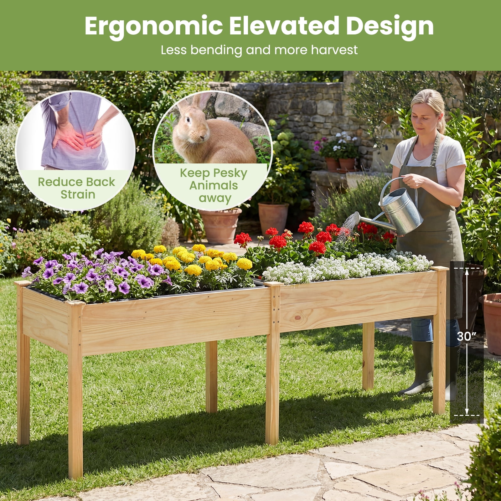Costway Raised Garden Bed Elevated Pine Wood Planter Box with 2 Large Planting Areas Beige