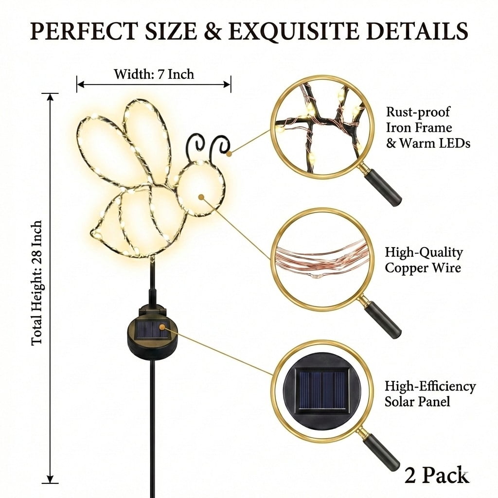 Outdoor Solar Powered Led Decorative Garden Stake Light - 2 Pack White Bee
