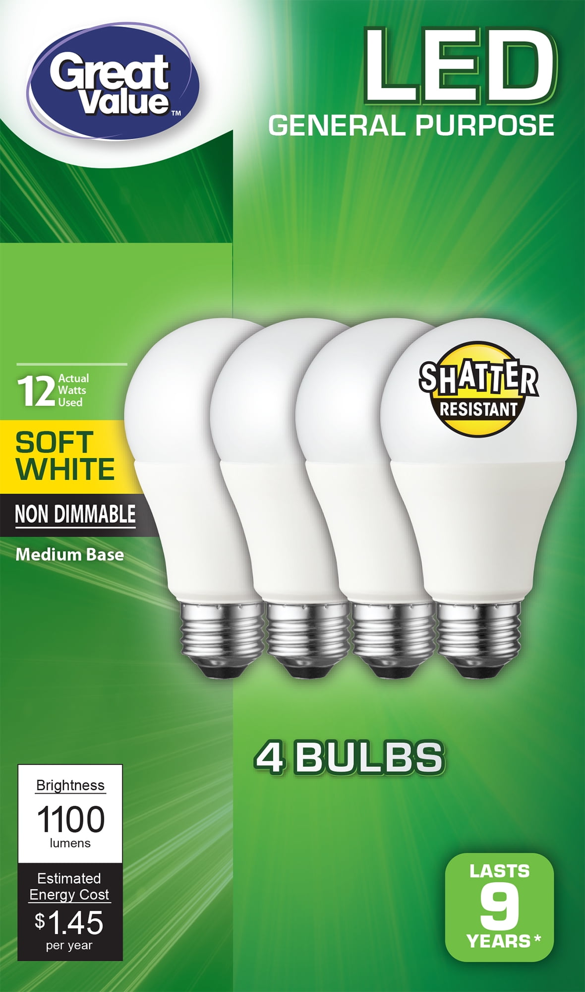 Great Value LED Light Bulb, 12 Watts (75W Equivalent) A19 Lamp E26