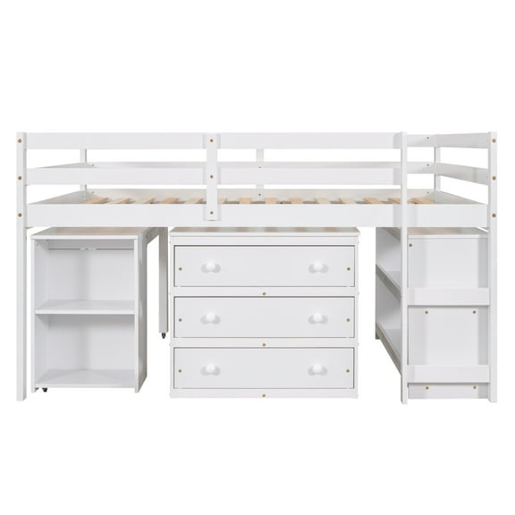 imerelez Low Study Full Loft Bed with Cabinet ,Shelves and Rolling Portable Desk ,Multiple Functions Bed- White