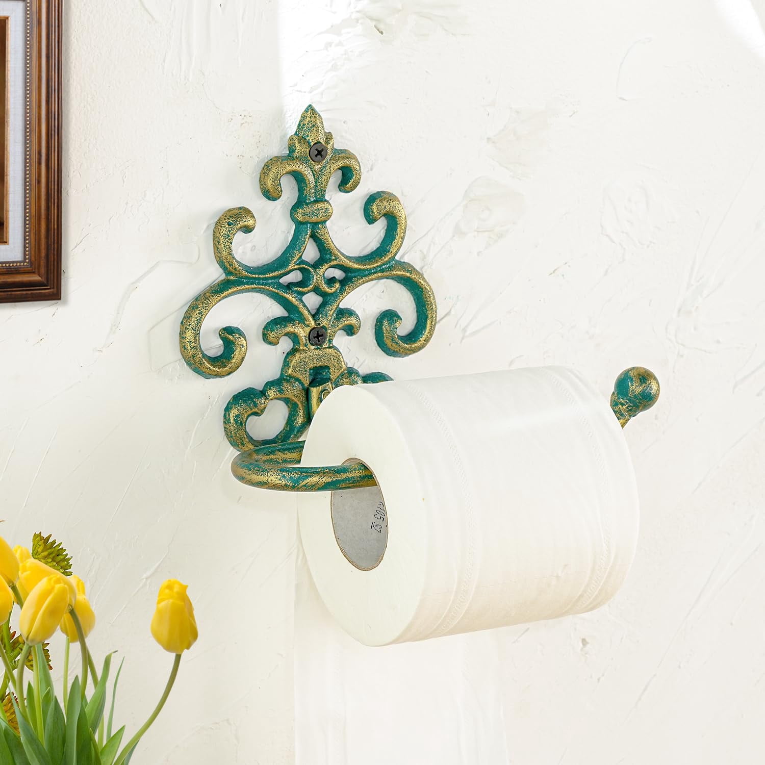 Sungmor Vintage Cast Iron Toilet Paper Holder - Wall Mounted Rustic Bathroom Tissue Holder with Teal & Gold Finish, Decorative Accent for Farmhouse, Victorian Décor, Heavy Duty Metal Scroll Design