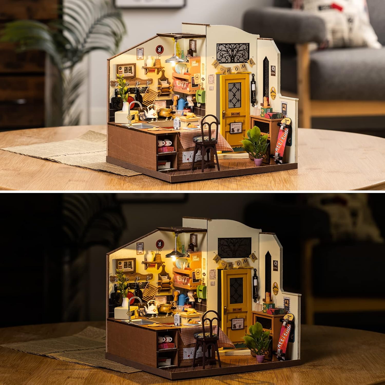 ROBOTIME Cozy Kitchen DIY Miniature House Kit,Mini Wooden Dollhouse Craft Kits for Home Decor,Tiny House Building Kits Gifts for Teens Adults