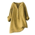 thumbnail image 2 of Baberdicy Women's Cotton Linen Shirts Stand Collar Button down Solid Color Long Sleeve Casual Blouses, Yellow L, 2 of 3