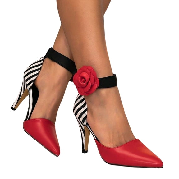 Womens Kitten Heels Dressy Shoes Comfortable Closed Toe Flower Slip On Pointed Toe Party Dance Heeled Sandals Pumps Red Size 6.5