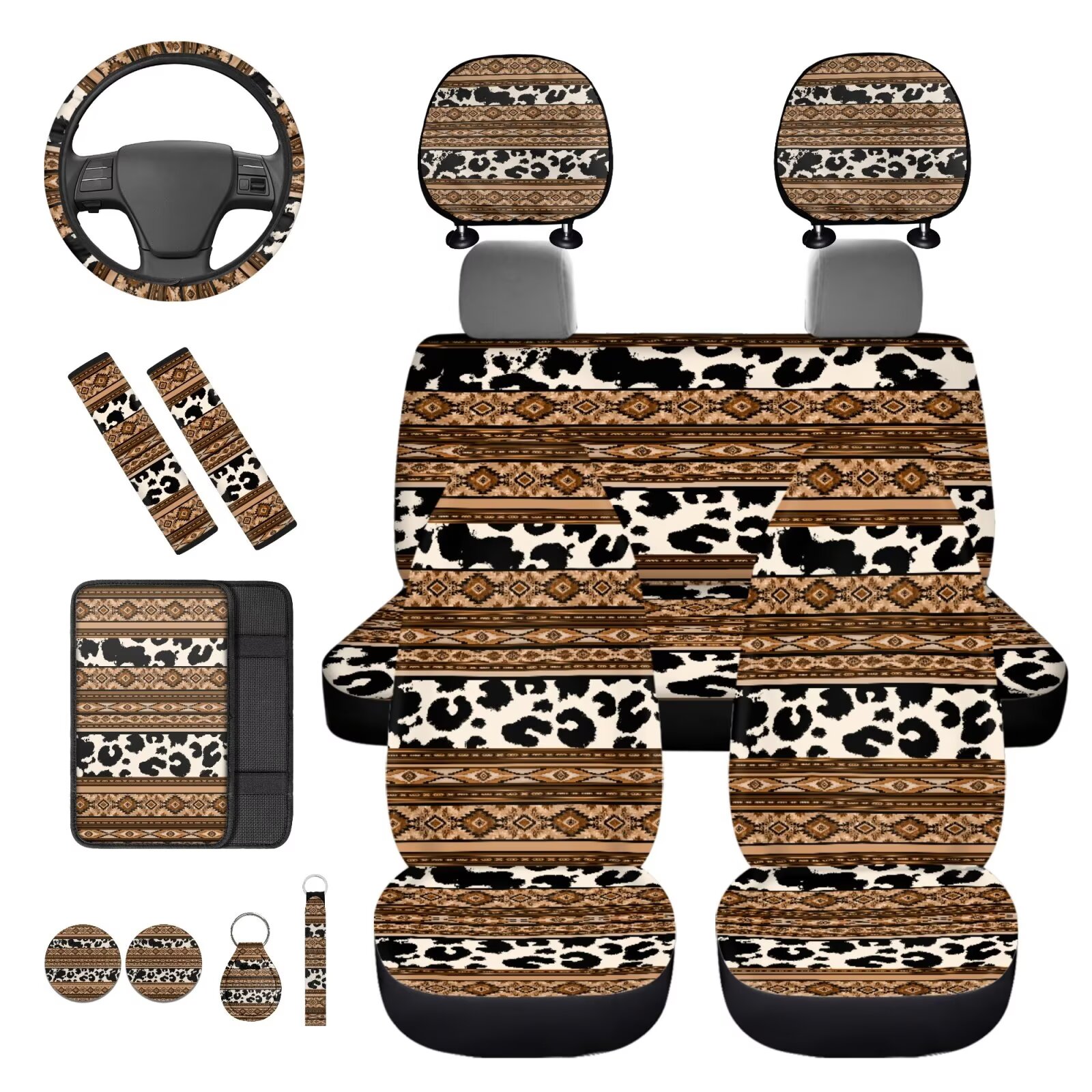 HUIACONG Aztec Cow Print Seat Covers for Cars Full Set with Steering Wheel Cover Armrest Cover Seat Belt Pads Headrest Cover Coasters Keychain 14 Pcs Southwestern Car Accessories Interior