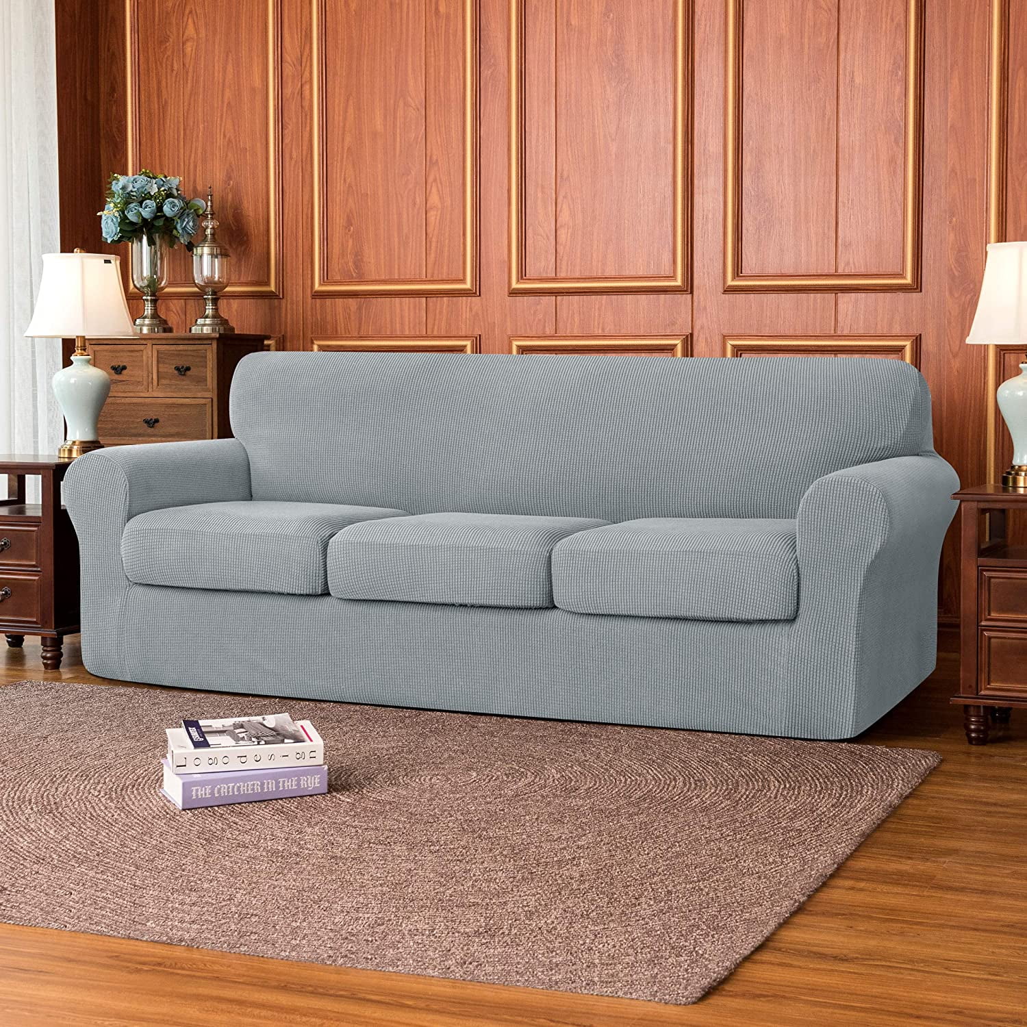 Subrtex 4-Piece Stretch Textured Grid Sofa Cover Slipcover,Separate Cushion Cover(Light Gray, Sofa)