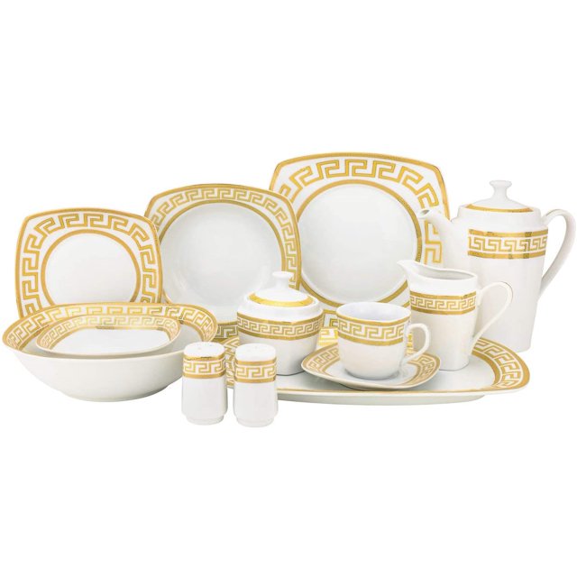 57pc Bone China Porcelain Dinnerware Set w/ Golden Rims, Super White Elegant Dinner Set, Dinner
